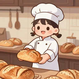 cute baker smiling as she hands you fresh bread, anime, trending on artstation, 4k, 8k, wallpaper
