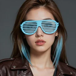 closeup painting of a very beautiful young mexican cyberpunk woman, wearing light blue shutter shades and a dark brown leather jacket, one side haircut, long brown hair with light blue ends, portrait, hyperdetailed, artstation, cgsociety, 8 k, synthwave by tangerine dream