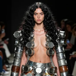 alina wearing an outfit made from buckets, at new york fashion week, lush black hair, average physique, freckled pale skin, photo by greg rutkowski and tim walker, stage lighting, female beauty, intricate detail, risque fashion, elegance, 3 5 mm, depth of field, masterpiece