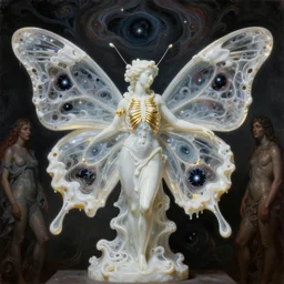 Beautiful full-body wax sculpture of a glowing transparent butterfly with a woman face with visible gold bones covered with melted white wax inside the singularity where stars becoming baroque folds of dark matter by Michelangelo da Caravaggio, Nicola Samori, William Blake, Alex Grey and Beksinski, dramatic volumetric lighting, highly detailed oil painting, 8k, masterpiece