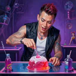 a photorealistic highly detailed painting of a y 2 k 1 9 9 0's game show host making jelly by johfra bosschart, lisa frank, kinkade, visionary art, dark fantasy art, high detail, trending on artstation