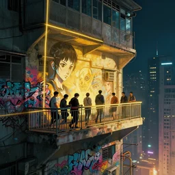 illustration of beautiful cyberpunk kowloon balcony, golden ratio, cinematic lighting, cinematic composition, ghost in the shell, night, by sachin teng and sergey kolesov and ruan jia and heng z and wlop. graffiti art, scifi, fantasy, hyper detailed. octane render. concept art. trending on artstation