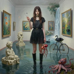 painting of a tall emo girl in a flooded art gallery, holding surgical equipment, pomegranates, octopus, long black boots, flooded, stone sculptures, art on the walls, tropical fish, zen, waterfall, black swans, penny farthing, berries, surrealist, by magritte and monet