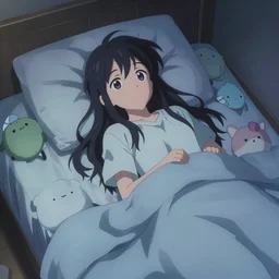 digital advanced anime art, Shiro from the anime No Game No Life laying in bed surrounded by plushies at night in the style of Makoto Shinkai —h 1080 —w 1920