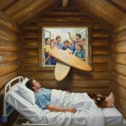 a painting from a point of view of a man lying in a hospital bed, the bed is not in a hospital, it is inside a log cabin, the cabin has no door and no windows except for a window in the roof of the cabin, in the window are a bunch of kids laughing evilly as they try to drop a large wooden surfboard into the cabin, an ultrafine detailed painting by rafal olbinski, behance contest winner, pop surrealism, detailed painting, very detailed, minimalist, skeuomorphic, airbrush art