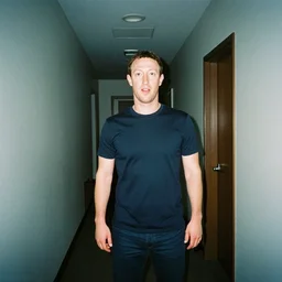 a photo of Mark Zuckerberg in an unsettling hallway taken with a disposable camera at night