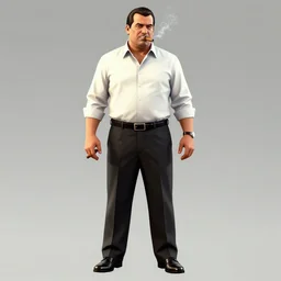 a midage italian male, short black hair with gel, sharp teeth, overweight, fine white shirt, leather belt, black suit pants, leather shoes, smoking a cigar, full body, isolated background, gta v style, concept art, highly detailed, hyper realistic, unreal engine