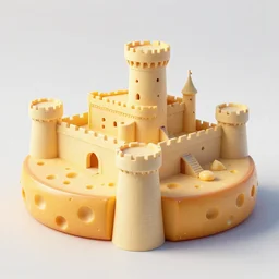 a medieval castle surrounded by a moat made of cheese, the building material is cheese, a cheese castle