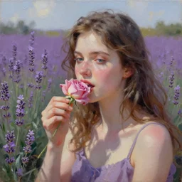 girl eating a rose in a lavender field. by AquaSixio, hyperrealistic oil painting, 4k, very detailed faces