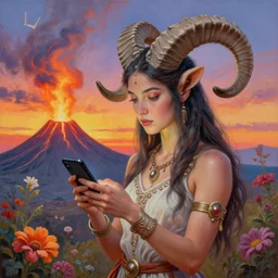 horned ram goddess, checking her cell phone, erupting volcano in distance, sunset, flowers in foreground, zodiac, fantasy acrylic on canvas, intricately detailed, highly detailed, high resolution, hdr, 8 k, artist, trending on artstation, painting by senior concept artist josephine wall
