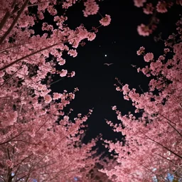 lomo photo of looking up at trees with pink leaves, black night sky, stars, cinestill, bokeh, out of focus, dramatic lighting, birds flying