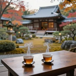 garden, traditional japanese temple, two smoky cup of tea on a wood table, smoky autumn lightings, japanese garden background, micro details, ( ( ( intricate ) gold details ) ), photorealism, crisp, hasselblad camera, by annie leibovitz