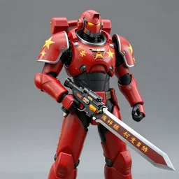 futuistic soldier with red armor holding laser blaster and sword, all decorated with chinese writings and yellow stars