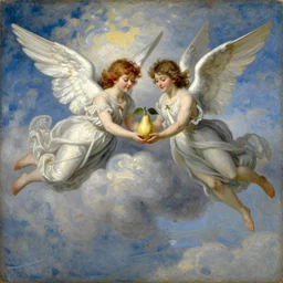 vintage beautiful painting of two angels flying and holding a pear in heaven in Mary Cassatt style