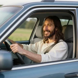 jesus driving a kingswood station wagon