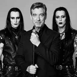 mr rogers as the lead singer of a norwegian black metal band, black metal, black and white photograph, high contrast, stylist of marilyn manson