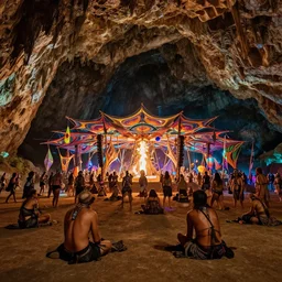 neolithic people at a psytrance festival in a cave