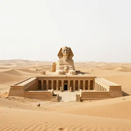 a wide desertic landscape with ancient egyptian temple buried in the sun. under a white sky with black stars. a monstrous sphynx between the dunes on gje horizon. photorealistic. artstation. hd.