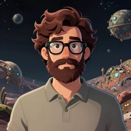 cell shaded, husky, closed - mouth, nerdy man character portrait, on an alien planet, wearing polo shirt, earth tones, dark auburn wavy hair, full beard, glasses without frames, freckles, illustrated by don bluth, highly detailed, dynamic shadows, 4 k, wallpaper - 1 0 2 4