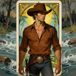 a dramatic, epic, ethereal art deco painting of a handsome brown shirtless cowboy | background is a torrential flooding river | tarot!! card, art deco, art nouveau, stylized | by Mark Maggiori | trending on artstation