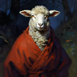 portrait of a lamb wearing cult robes, style of frank frazetta, style of yoshitaka amano, deep colors and dark shadows, night forest background, ambient glow