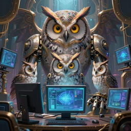 an giant evil, malevolent, cyborg owls looking at a computer, surrounded by computer screens. steampunk, intricate, elegant, fantasy, highly detailed, digital painting, concept art, sharp focus, illustration, beautiful lighting, epic light, artstation, colorful, dramatic