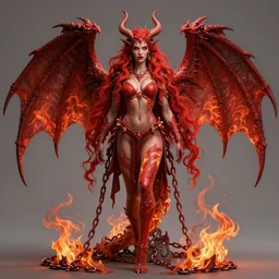 full length complex 3 d hyper realistic smooth ultra sharp render of a gorgeous!! hair fiery chained red skinned dragonkin demoness viking warrior princess bikini | goddess of beauty, fallen angel, medieval, fantasy, hell | high detail, 4 k, hd, symmetrical, proportional, cinematic, epic scene | art by oh jinwook + 吵 集 仁 儿 on artstaion + takeshi obata + alphonse mucha + jim lee