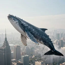a huge whale is swimming in mid air near a skyscraper, epic, cinematic shot, soft light, soft colore, artstation, atmosphere, high definition