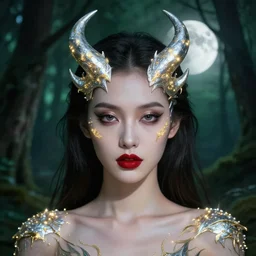 glowing silver and golden elements, head and shoulder portrait, young female model from shutterstock as a evil witch, book cover, green forest, white moon, red lips, establishing shot, extremly high detail, photo-realistic, cinematic lighting, pen and ink, intricate line drawings, by Yoshitaka Amano, Ruan Jia, Kentaro Miura, Artgerm, post processed, concept art, artstation, matte painting, style by eddie, raphael lacoste, alex ross