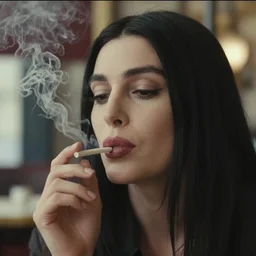 cinematic close up color glamour portrait of monica bellucci smoking in paris cafe environment by roversil, pale tonal matt, head in focus