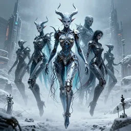 highly detailed portrait of wasteland floating metalic frost cyber demon litch curvy physique witch, stray wiring by atey ghailan, james gilleard, by joe fenton, by greg rutkowski, by greg tocchini, by kaethe butcher, 4 k resolution, gradient blue, cyan, black and white color scheme!!! ( ( snowy glaciated robotic dystopian city background ) )