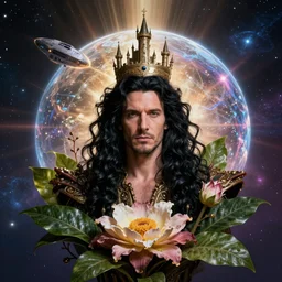 studio portrait, a man king hair black, shave, castle space ship organic, flower, leaf, cosmic, futuristic, global illumination, radiant light, stellar background, by peter gric, peter mohrbacher