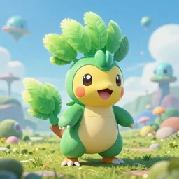a cute beautiful plant type pokemon with smile, green feathers bursting out of his hair, full body portrait, highly detailed digital art, 3 d perspective, award - winning illustration, aesthetic, smooth, pokemon style, made by greg rutkowski, with an alien landscape in the background