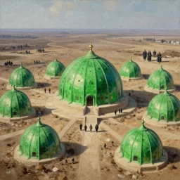 hyper detailed painting of domes made of bright green kryptonite, sprawling across majestic parched plains, by francisco goya and rembrandt, unsettling, mysterious, by stephan martiniere and alexander fedosav, hyperrealism, 8 k resolution, behance hd, artstation, nightcafe