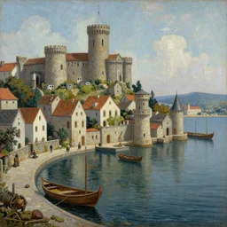 medieval city harbor painting