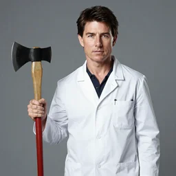 tom cruise as patrick bateman from american psycho with an axe in a white coat