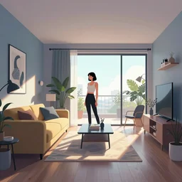 cool trendy apartment interior, android woman, sharp focus, wide view, full body shot, smooth, digital illustration, by james jean, by rossdraws, frank franzzeta, mcbess, moebius, sakimichan
