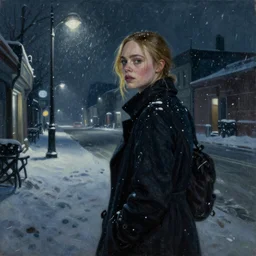 Elle Fanning stalking her prey at night in Fallout 3 in the world of Edward Hopper, stormy snowy weather, streetlights, extremely detailed masterpiece, oil on canvas, low-key neon lighting, artstation, Blade Runner 2049, Roger Deakin’s cinematography, by J. C. Leyendecker and Peter Paul Rubens,