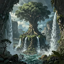 sci fi overgrown world , planet, waterfalls, ancient tree, Greg Rutkowski, Mike mignola, Kim Jung Gi, trending on Artstation, 8K, ultra wide angle, pincushion lens effect.