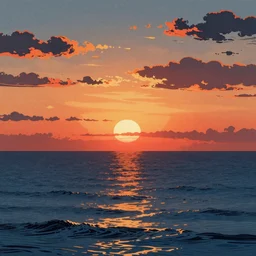 sunset over the ocean Japanese woodblock style