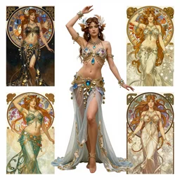 Character concept and fashion spot illustrations from the Final Fantasy steampunk Belly Dancer mashup, full-body, bloom, dynamic poses, diaphanous cloth, intricate crystalline and feather jewelry, ornate, filigree, arcane, cinematic lighting, by Alphonse Mucha, by Artgerm, by Bouguereau, by Sakimichan, fantasy, portfolio illustration, highly detailed, trending on Artstation, CGsociety, HQ, 8k, 35mm lens, f2.8, Bokeh,
