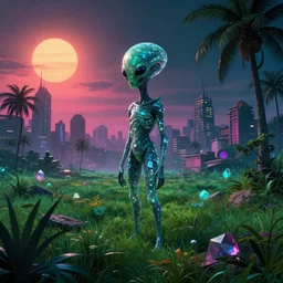 abandoned by etel adnan, junglepunk extraterrestial vice city crystal evil at dusk vaporwave neon noir morning sun dieselpunk darkacademia meadow, archdaily, wallpaper, highly detailed, trending on artstation.