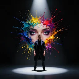 darkness personified, spotlight, vibrant colors, paint splash, paint splatter, beautiful eyes, by marco paludet and gianni strino and marion bolognesi