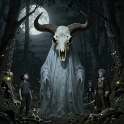 creepy ghost spirit in a dark forest with a bison skull head by zdzislaw beksinski, hajime sorayamam, matt groening and rembrandt, bone plants, the moon is big. fireflies, high fashion, magic details, hd, 8 k, trending on artstation, uhd