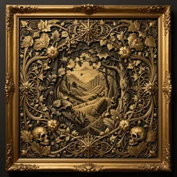 a illustration fantasy wood frame engraving with extreme intrincate details, gold border highly detail ornaments art by fantasy style, centered, facing shot, leaves, flowers, skulls and intertwined vines, symmetry