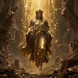 portrait photo of a god floating in the middle of a ancient wood, gold raining in the background, ultra super good realistic 3D render by Emil Melmoth, insanely detailed, sharp focus