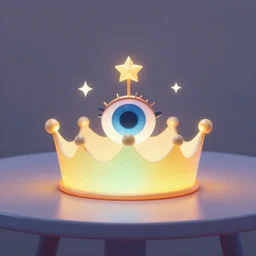 a glowing colorful minimal elegant crown sitting on a table with one large beautiful eye on top of it like a jewel, stars on top of the crown, night time, vast cosmos, geometric light rays exploding outwards into stars, bold black lines, flat colors, minimal psychedelic 1 9 5 0 s poster illustration