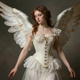 a renaissance styled baroque photograph of an anatomically correct woman angel wearing an intricate lace corset by aj hamilton