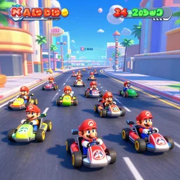 in-game screenshot of dozen cars riding through city of Las Vegas in Mario Kart video game