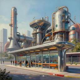 a beautiful hyperdetailed painting of industrial architecture taxi station city by zaha hadid, futuristic retro, archdaily, wallpaper, highly detailed, trending on artstation.